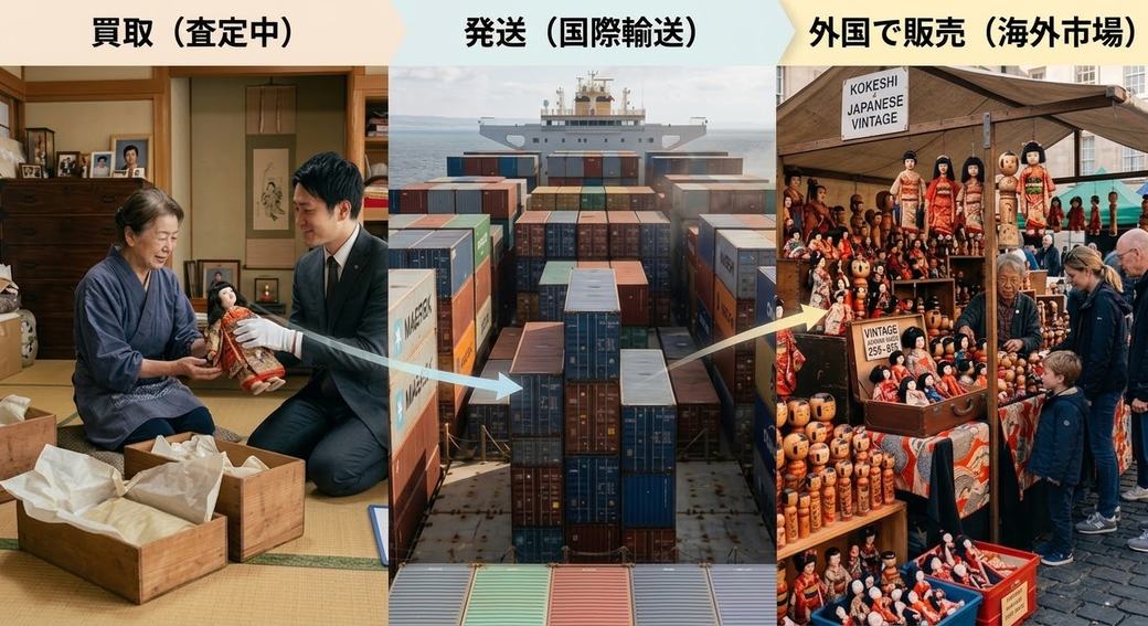 買取したお人形が、国際輸送を経て海外の市場で次の持ち主へ渡っていく流れのイメージ