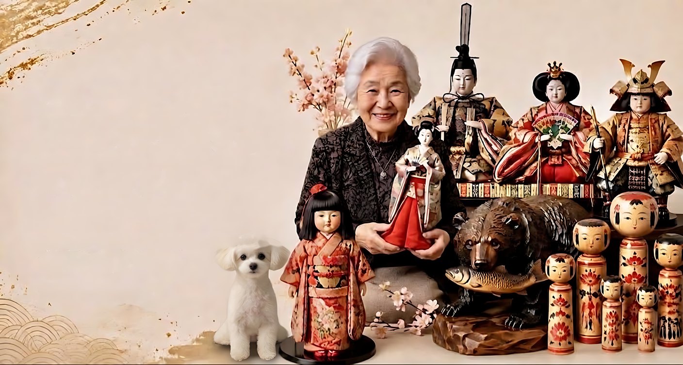 市松人形を手にほほえむ女性と、雛人形・五月人形・市松人形・こけし・木彫りの熊、マスコットのきなこ