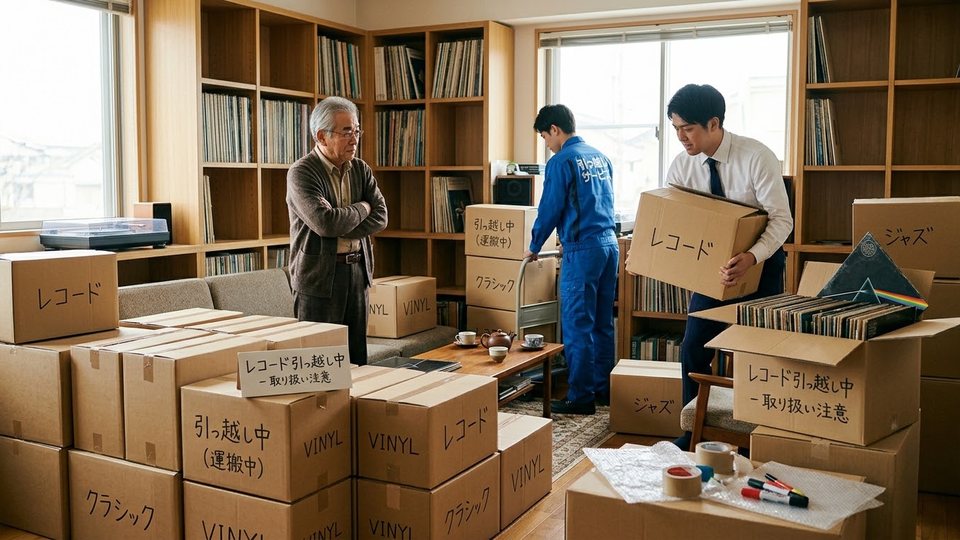 レコードを箱詰めして運び出すイメージ